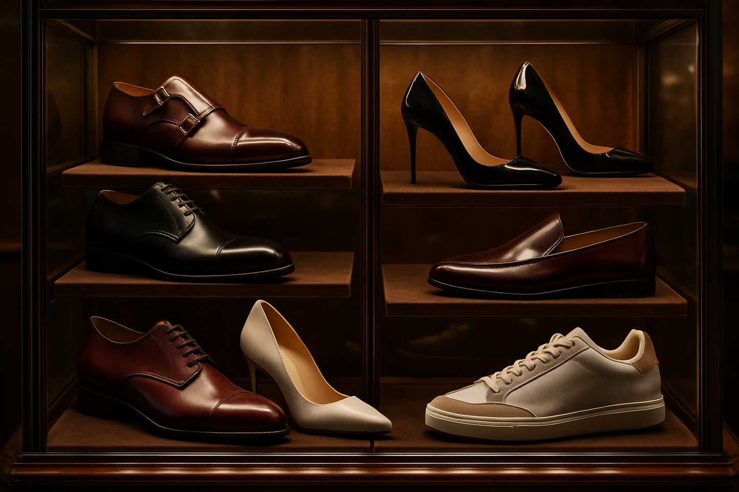 several luxury shoes in a showcase