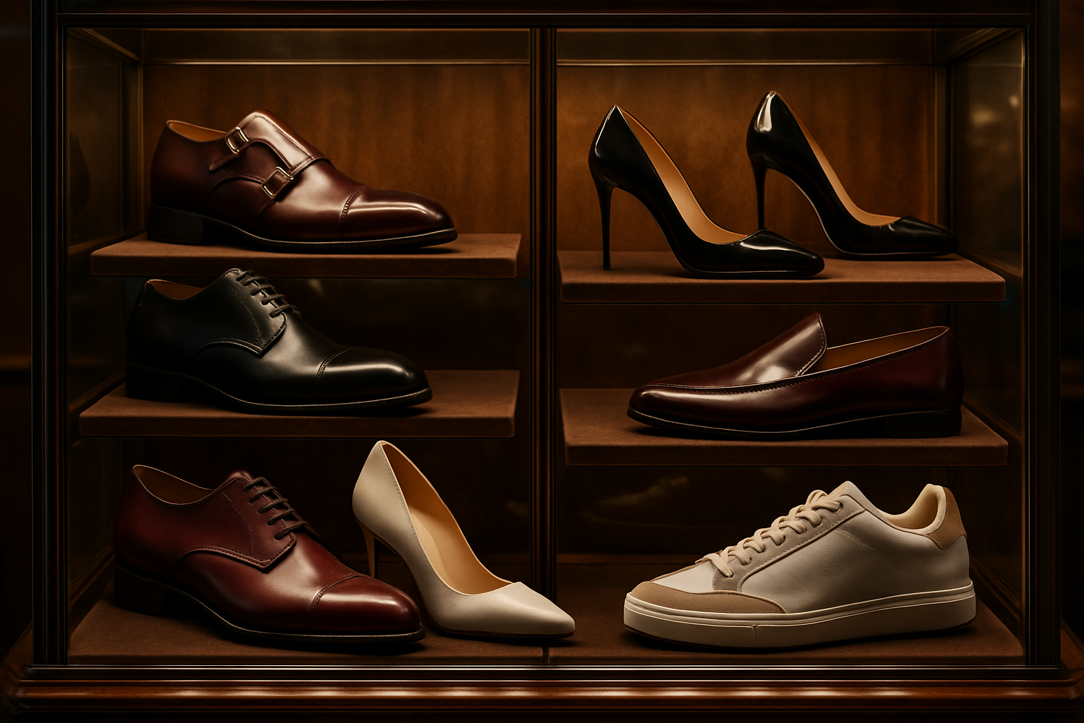 several luxury shoes in a showcase
