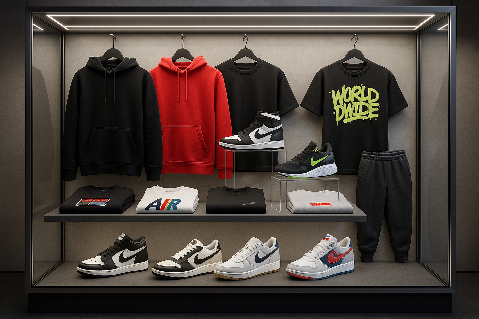 Streetwear and sneakers in a showcase