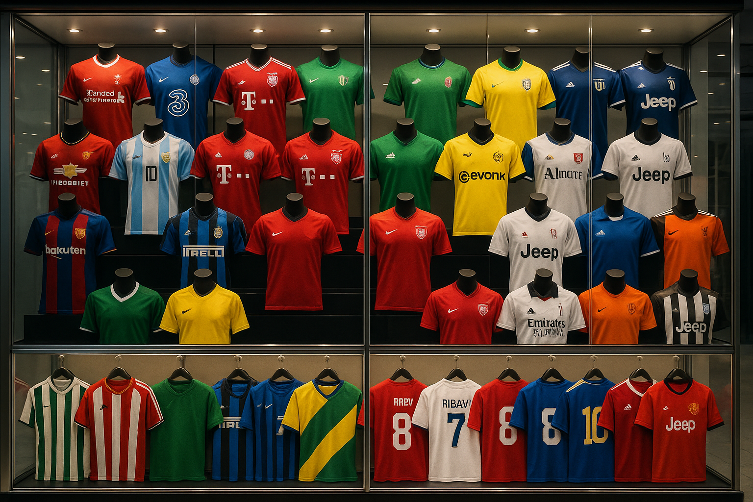 vast collection of soccer jerseys in a showcase